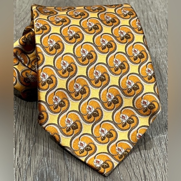 Ermenegildo Zegna Tie Yellow Floral Pattern Geometric 100% Silk Made in Italy - Picture 4 of 10